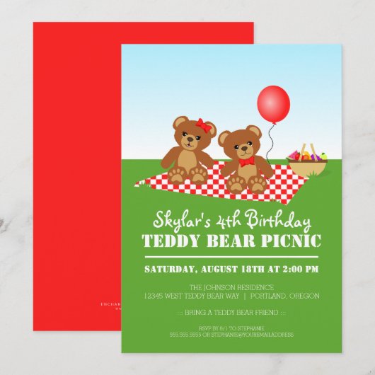 Teddy Bear Picnic Birthday Party Invitation Kaart (Voorkant / Achterkant)