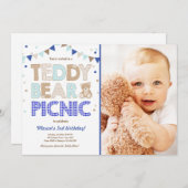 Teddy Bear Picnic Boy anniversaire Invitation Blue (Devant / Derrière)