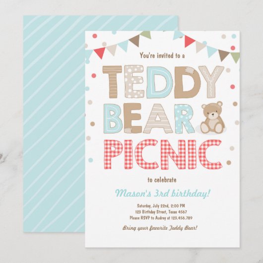Teddy Bear Picnic Boy - verjaardag Uitnodiging bla (Voorkant / Achterkant)