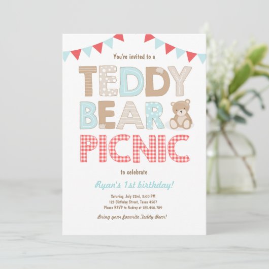 Teddy Bear Picnic Boy - verjaardag Uitnodiging bla (Staand voorkant)