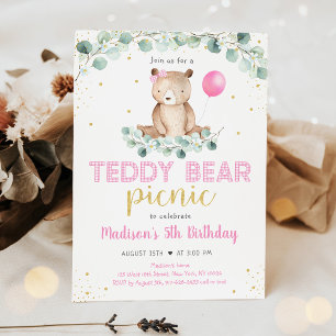 Teddy Bear Picnic Pink Floral Birthday Kaart
