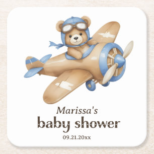 Teddy Bear Pilot Baby Boy Douche Papier Onderzette Vierkante Kartonnen Onderzetter