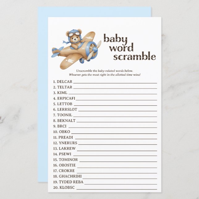 Teddy Bear Pilot Baby shower Word Scramble Game (Voorkant / Achterkant)