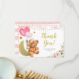 Teddy Bear Pink Ballon Baby shower Dank je wel Bedankkaart