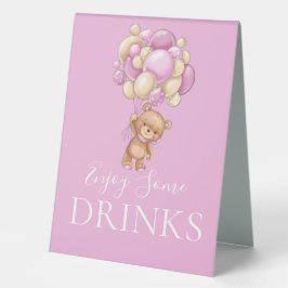 Teddy Bear Pink Balloon DRINKS Table Tent Sign