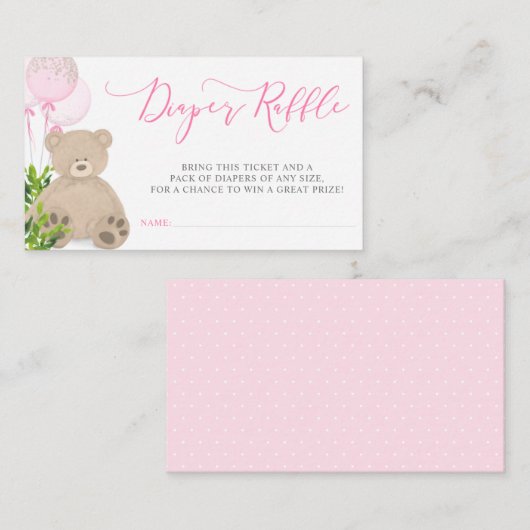 Teddy Bear Pink Balloon Greenery Diaper Raffle Informatiekaartje (Voorkant / Achterkant)
