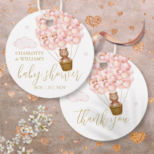 Teddy Bear Pink Balloons Baby shower Dank u Bedankjes Labels