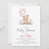 Teddy Bear Pink Balloons Baby Shower Invitation (Devant)