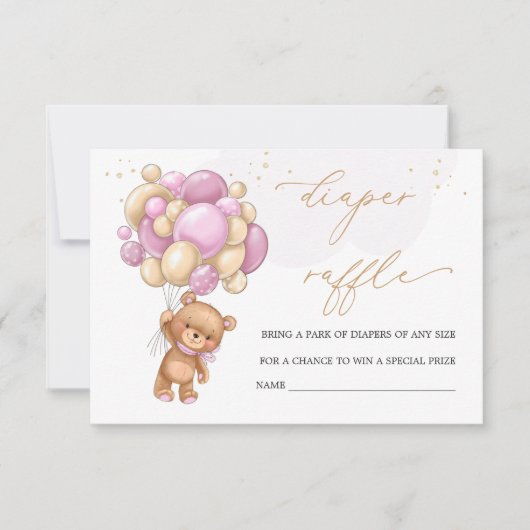 Teddy Bear Pink Balloons Diaper Raffle Invitation (Devant)