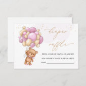 Teddy Bear Pink Balloons Diaper Raffle Invitation (Devant / Derrière)