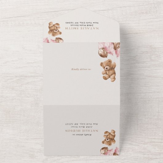 Teddy Bear, Pink Balloons, First Birthday All In One Uitnodiging (Buitenkant)