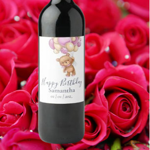 Teddy Bear Pink Balloons Girl Birthday Party Wijn Etiket