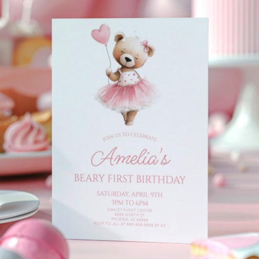 Teddy Bear Pink Beary First 1st Birthday Party Kaart