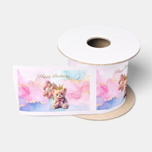 Teddy Bear Pink Bow Gold Crown Happy Birthday Lint
