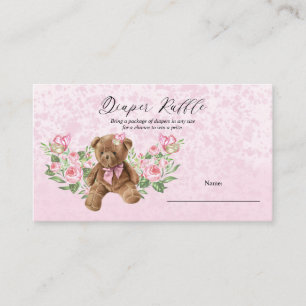 Teddy Bear Pink Floral Baby shower Diaper Raffle Informatiekaartje