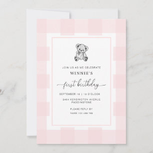 Teddy Bear Pink Gingham 1e verjaardag Uitnodiging