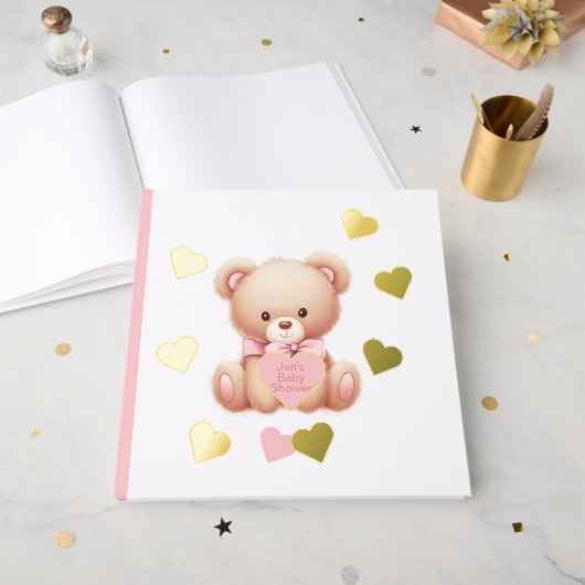 Teddy Bear Pink Hearts Foil Guestbook (Recto ouvert)