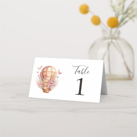 Teddy Bear Pink Hot Air Ballon Place Card (Voorkant)