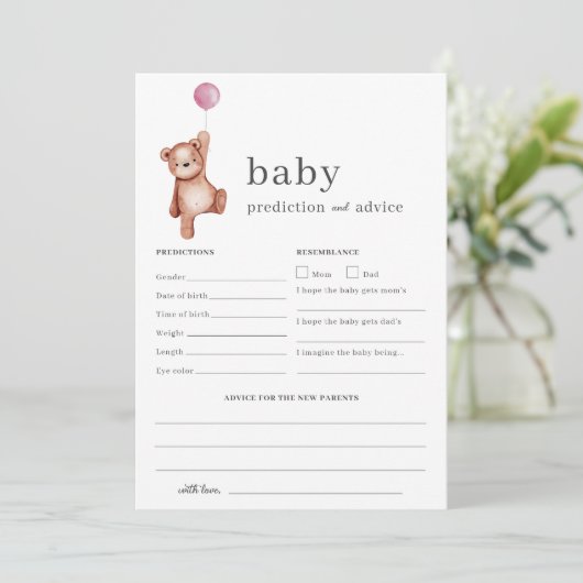 Teddy Bear Pink Prediction and Advice Baby shower Kaart (Staand voorkant)