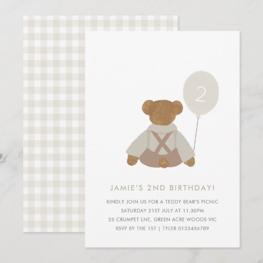 Teddy Bear Pique-nique bébé Invitation d'anniversa (Devant / Derrière)