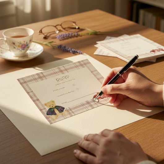 Teddy Bear Race Car Plaid Baby Shower RSVP Card