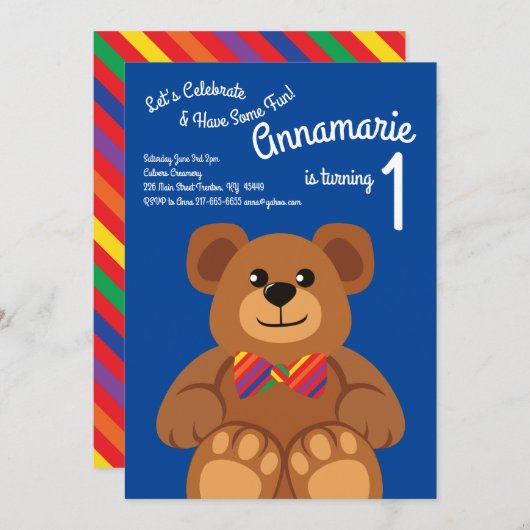 Teddy Bear Rainbow 1st Birthday Cute Invitations (Devant / Derrière)