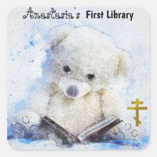 Teddy Bear Reading Orthodox Christelijk Bookplaat Vierkante Sticker