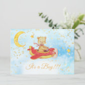 * Teddy Bear Red Plane Baby Stars Jongensdouche Kaart (Staand voorkant)