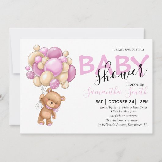 Teddy Bear rose Balloon Bébé Douche Invitations (Devant)