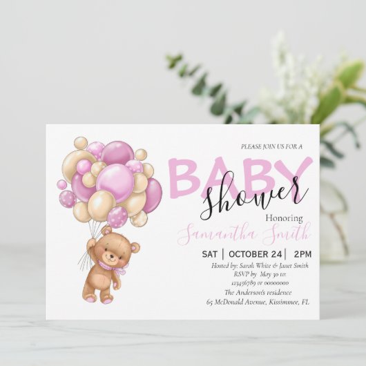 Teddy Bear rose Balloon Bébé Douche Invitations (Debout devant)