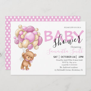 Teddy Bear rose Balloon Bébé Douche Invitations