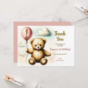 Teddy Bear Roze Ballon 1e Verjaardagsfeestje Kaart