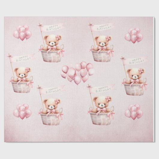 Teddy Bear Roze Waterverf Meisjes Verjaardag Cadeaupapier (Vlak)