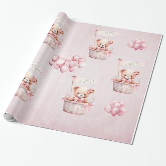 Teddy Bear Roze Waterverf Meisjes Verjaardag Cadeaupapier (Uitgerold)