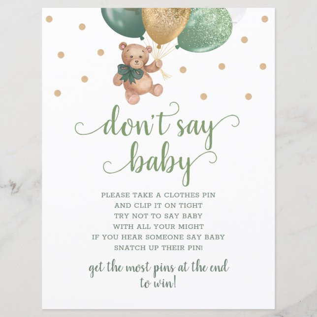 Teddy Bear Sage Green Zeg niet dat Baby gam (Voorkant)