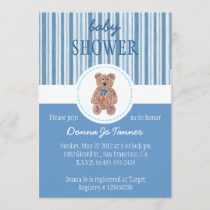 Teddy Bear Sketch Baby shower Invitation - Blue Kaart