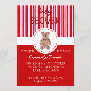 Teddy Bear Sketch Baby shower Invitation - Red Kaart