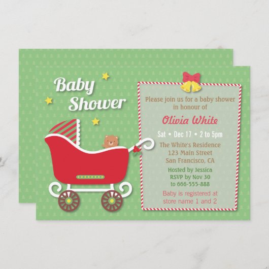 Teddy Bear Sleigh Stroller Baby Douche Invitations (Devant / Derrière)