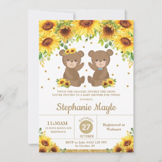 Teddy Bear Sunflower Baby shower Twin Boy Girl Kaart (Voorkant)