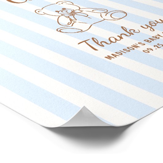 Teddy Bear Tan Blue Stripes Baby shower Poster (Hoek)