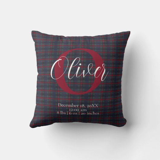 Teddy Bear Tartan Monogram Birth Stats Newborn Boy Kussen (Achterkant)