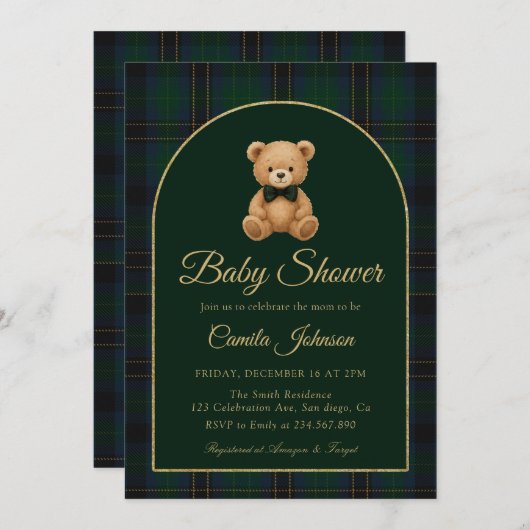 Teddy Bear Tartan Preppy Baby Shower Invitation (Devant / Derrière)