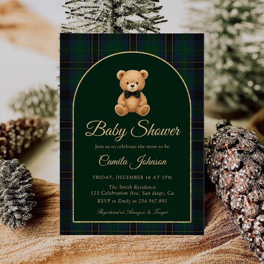 Teddy Bear Tartan Preppy Baby Shower Invitation Kaart