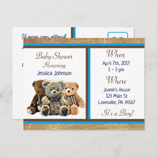 Teddy Bear Theme Boy's Baby shower Invitation (Devant / Derrière)