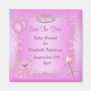 Teddy Bear & Tiara Roze Baby shower Save The Date Magneet