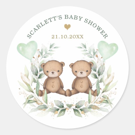  Teddy Bear Twins Greenery-Baby Ronde Sticker (Voorkant)