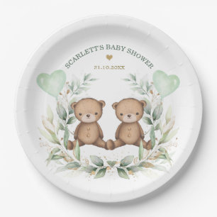 Teddy Bear Twins Greenery Balloons Baby shower Papieren Bordje