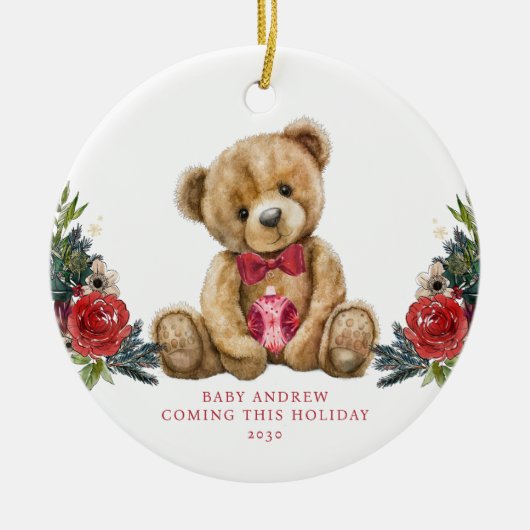 Teddy Bear Vakantie Baby Aankondiging Keepsake Keramisch Ornament (Voorkant)