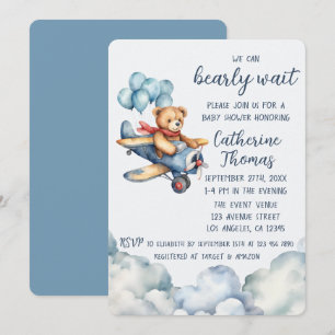 Teddy Bear Vliegtuig Ballonnen Jongen Baby shower Kaart