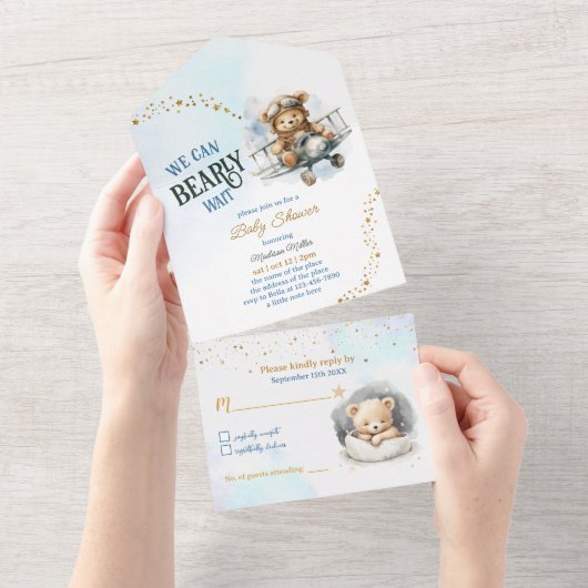 Teddy Bear Vliegtuig Flying Boy Baby shower All In One Uitnodiging (Afscheurbaar)
